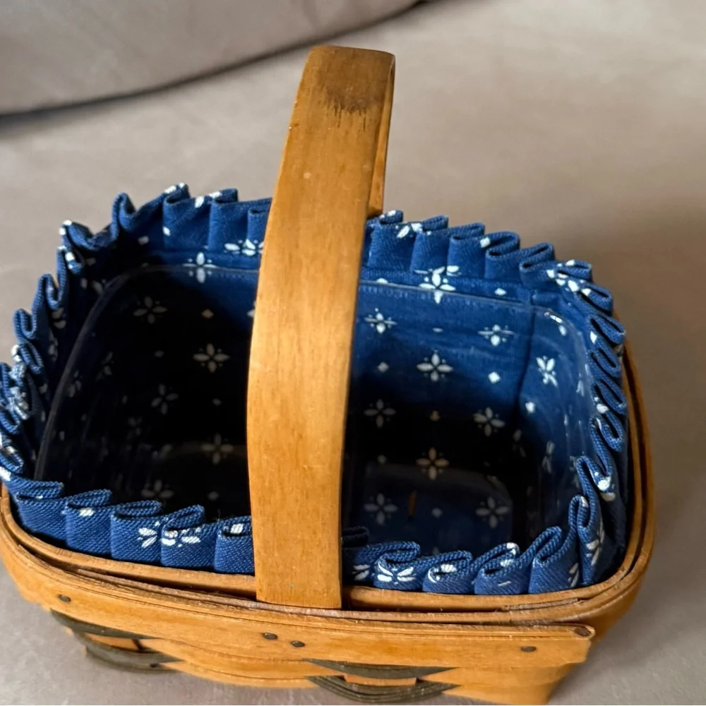 Longaberger Handcrafted Wooden Basket with Blue Lining and Plastic Liner
